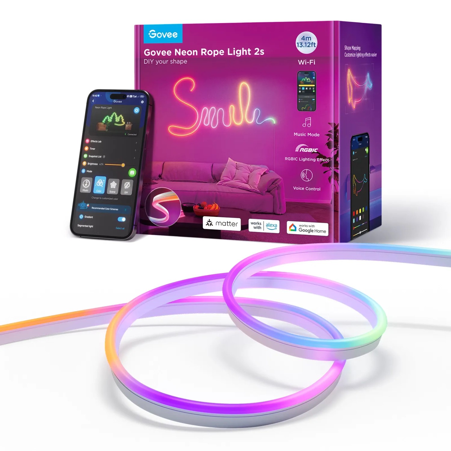 Govee Neon Lichtschlauch H61D4-W, 4m, Weiß, mit App steuerbar, flexibel formbar.