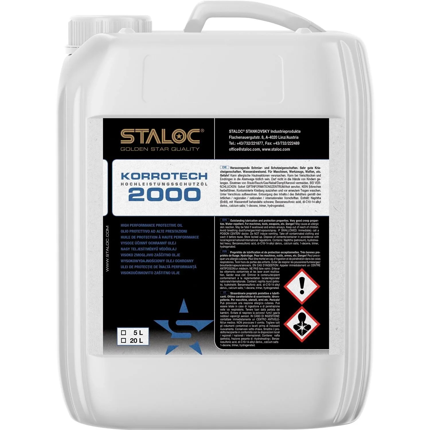 Staloc Korrotech 2000 Hochleistungsöl 5 l Kanister. Weißer Behälter mit schwarzem Etikett, Rostschutzgrund.