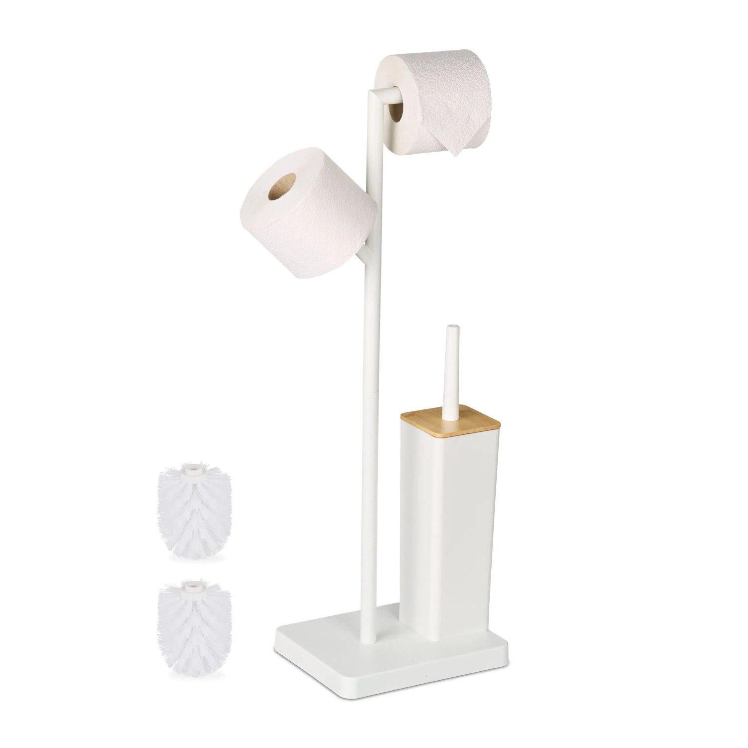 Relaxdays Toilettengarnitur Bambus Edelstahl Weiß Freistehend 71 cm x 23 cm x 18 cm 2,1 kg