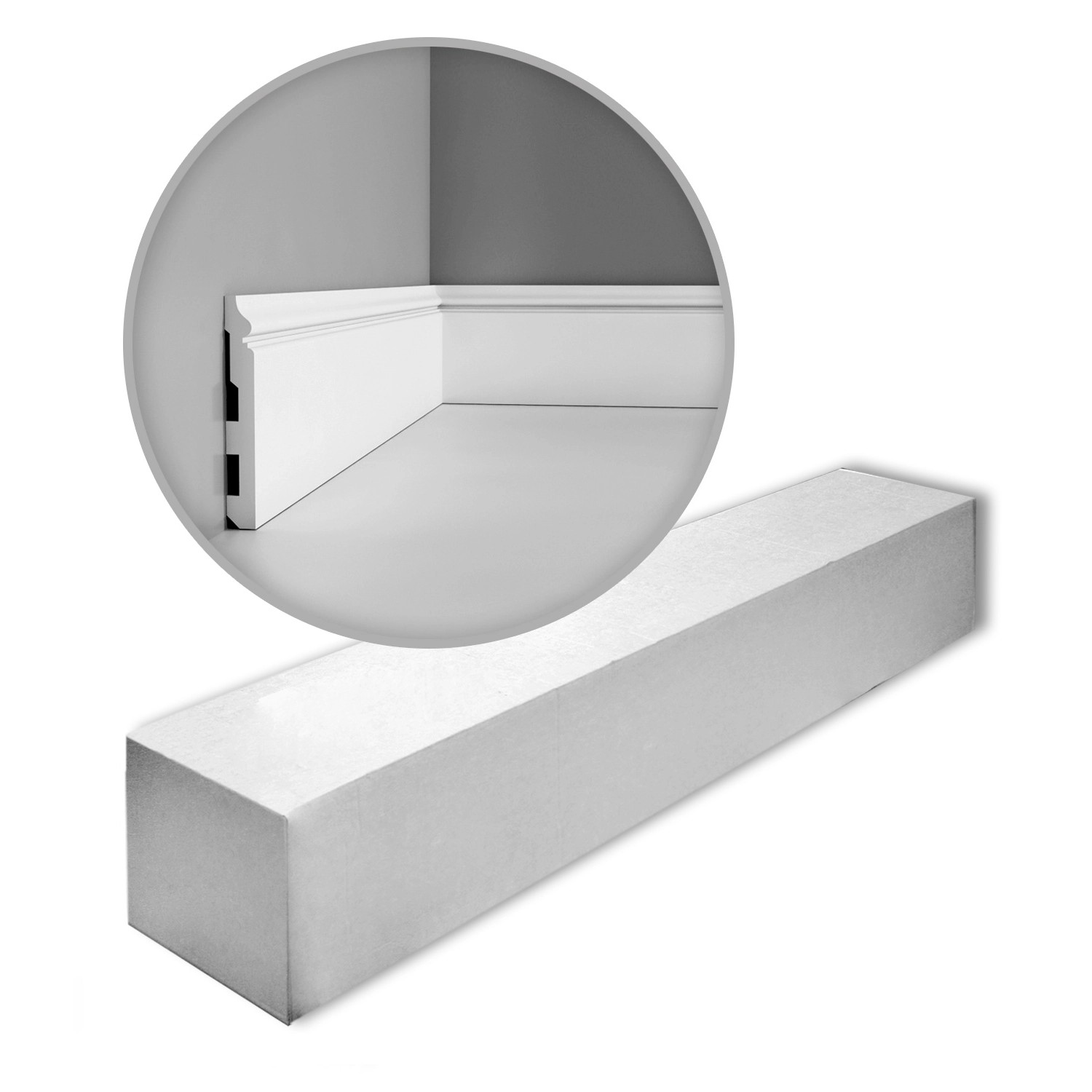 ORAC DECOR SX118 LUXXUS Zierleiste, 28 m Set, weiße Sockelleiste mit Detailansicht.