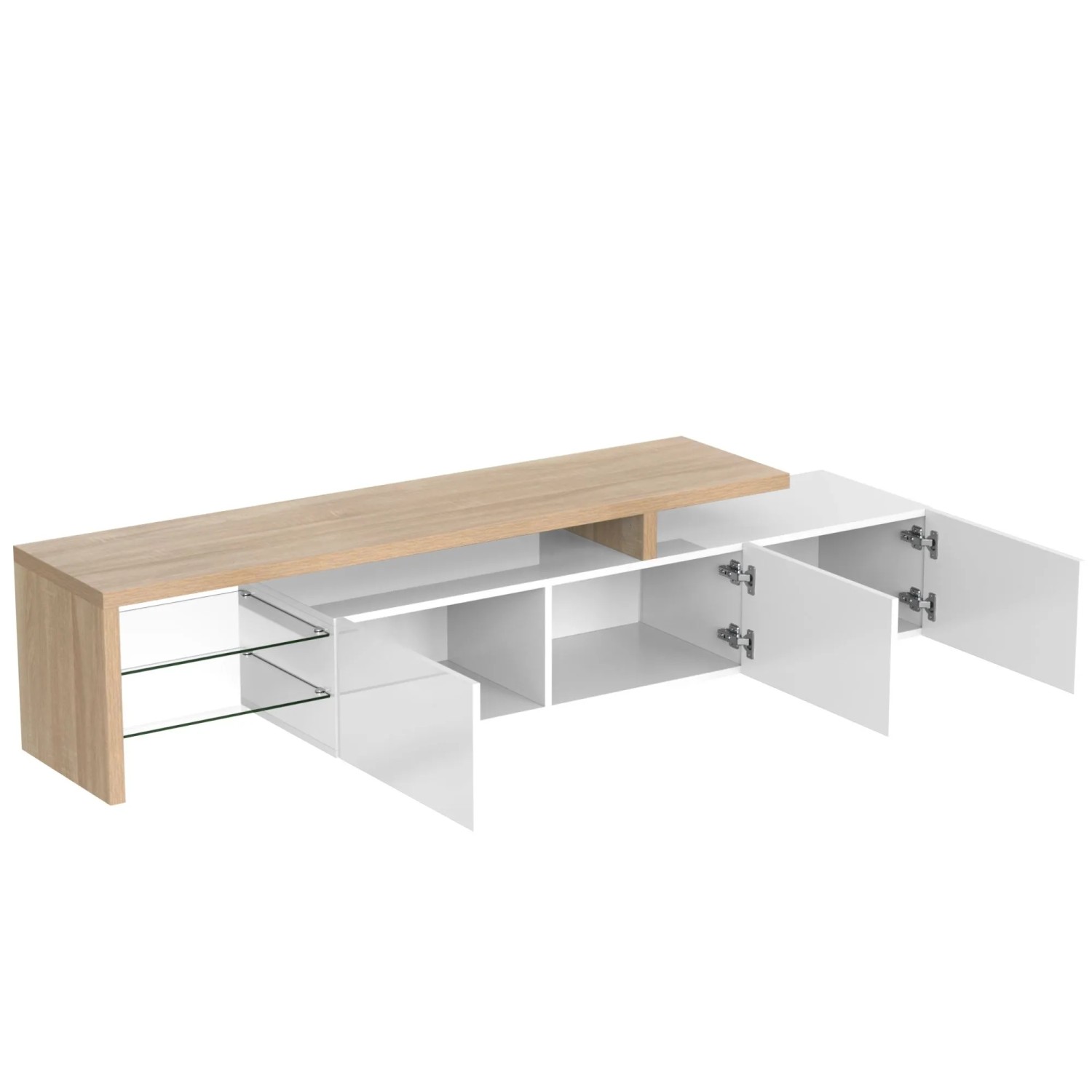 okwish TV Schrank mit Stauraum Glasböden LED Holzoptik 197.5x39x42cm Weiß
