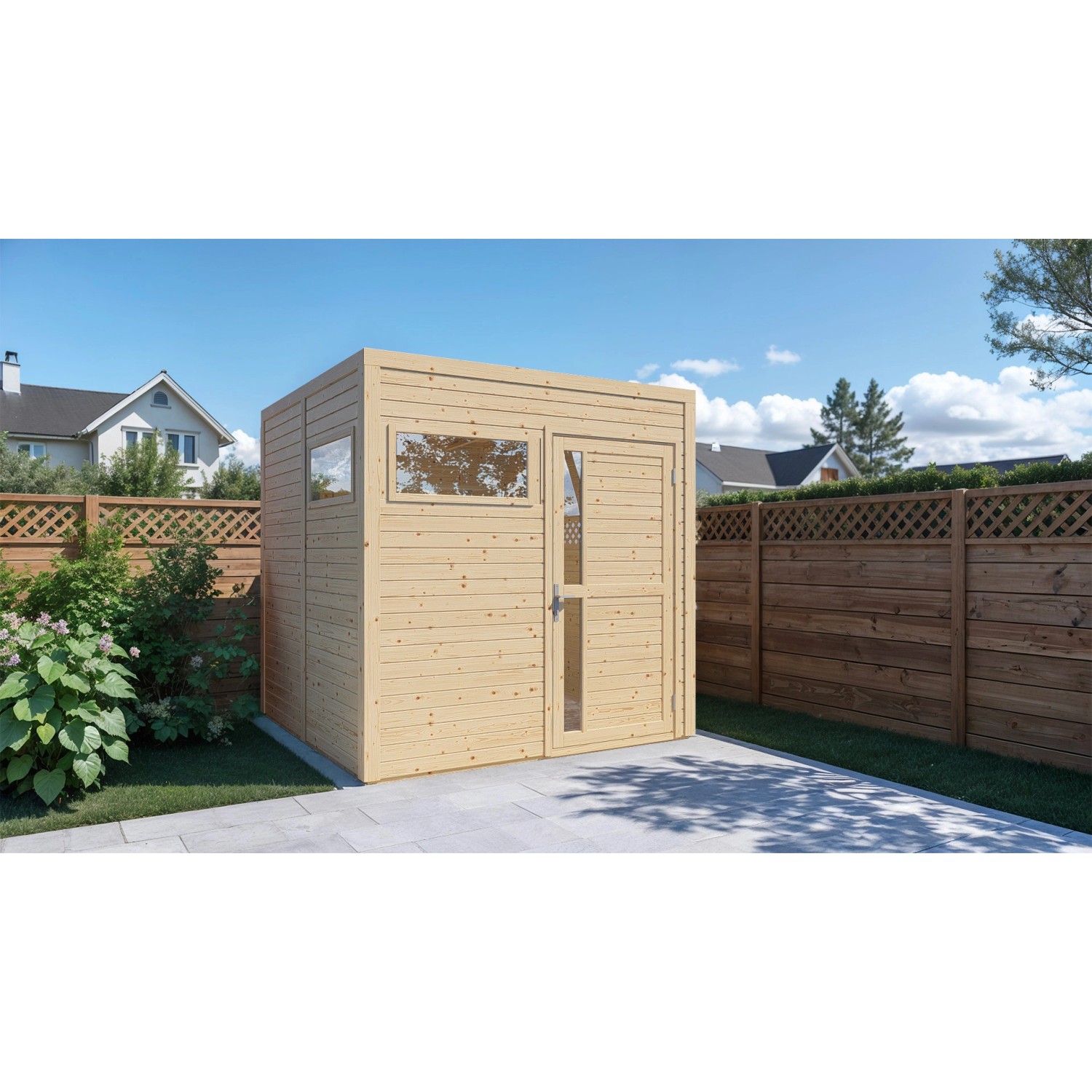 Bertilo Cubus Holz-Gartenhaus, 226x234 cm, aus nordischer Fichte mit Fenster und Tür.