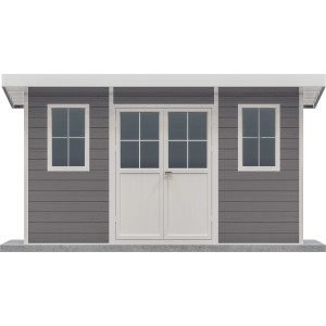 Modernes, anthrazitfarbenes WPC Gartenhaus mit Flachdach und Doppeltür, ideal als Gerätehaus.