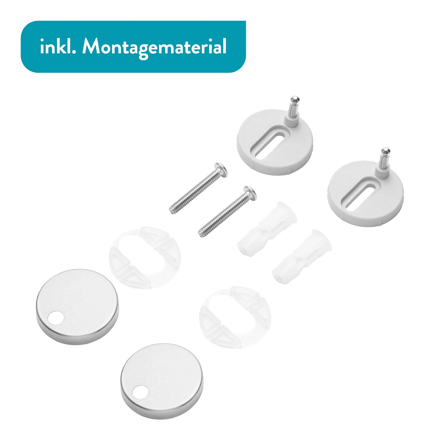 Montagematerial für baliv WC-Sitz Filton: Schrauben, Dübel, Scharnierbefestigung und Abdeckkappen.