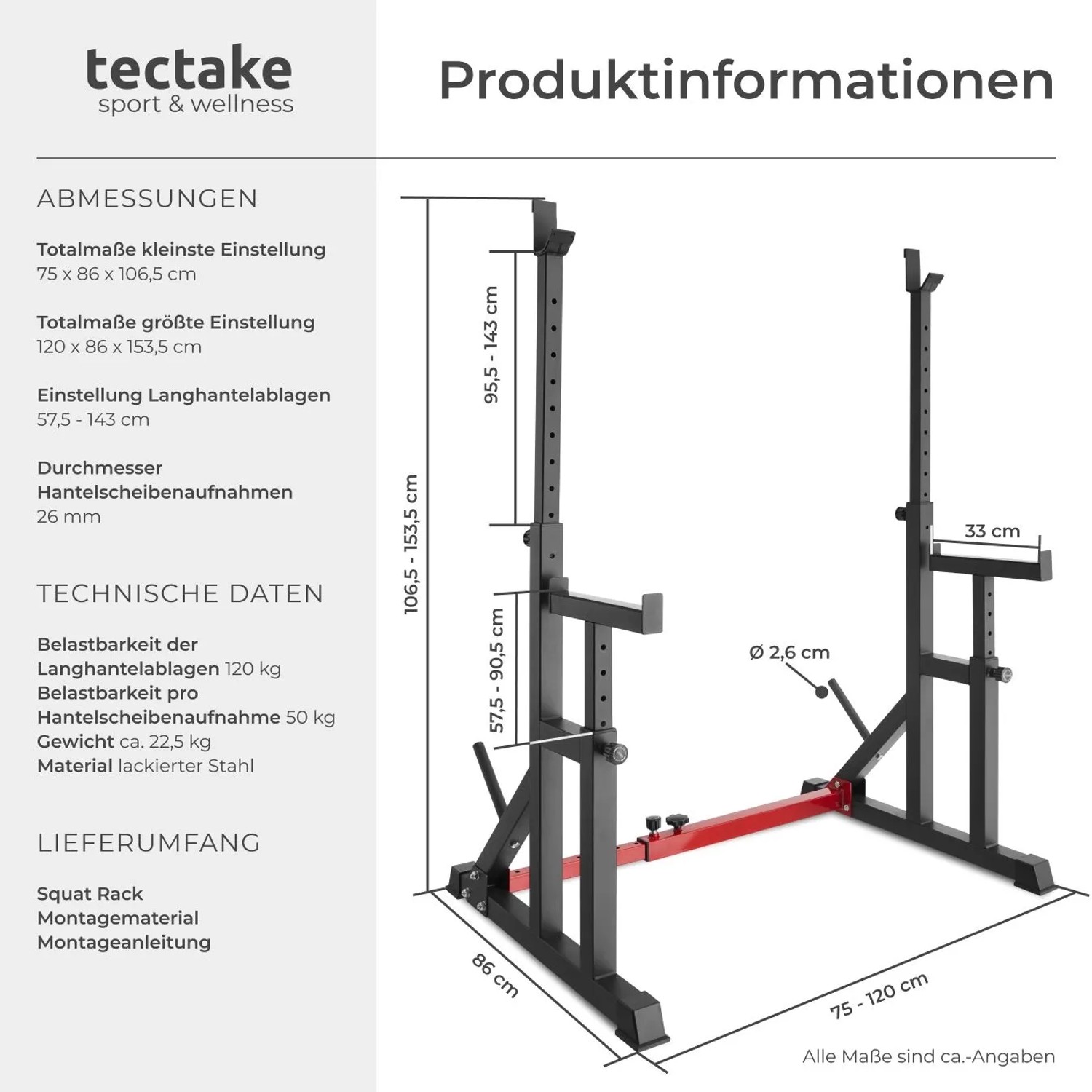 Tectake Squat Rack Creed, multifunktionales Fitnessgerät mit Ablagen, Maße und Details.