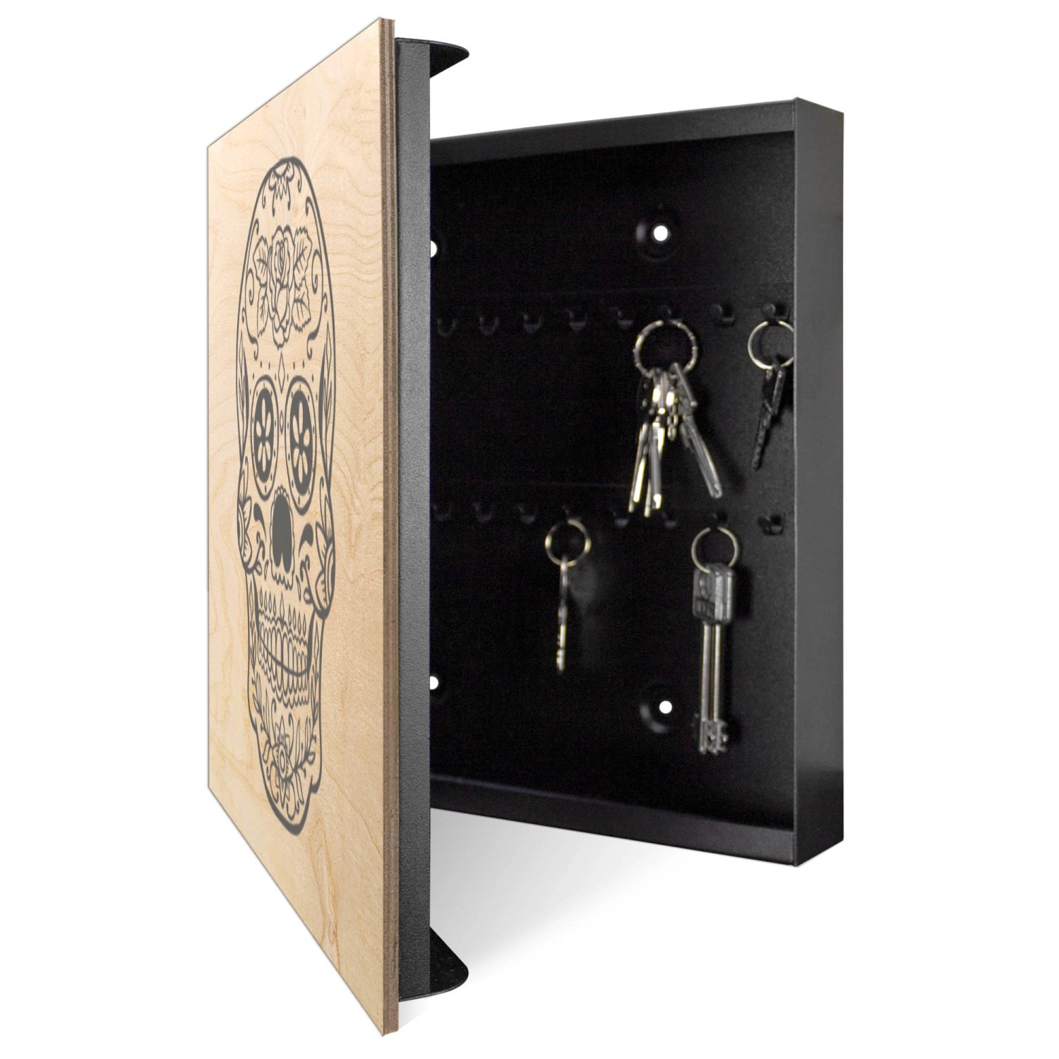 Offener, schwarzer Schlüsselkasten aus Holz mit Sugar Skull Motiv und 50 Haken.