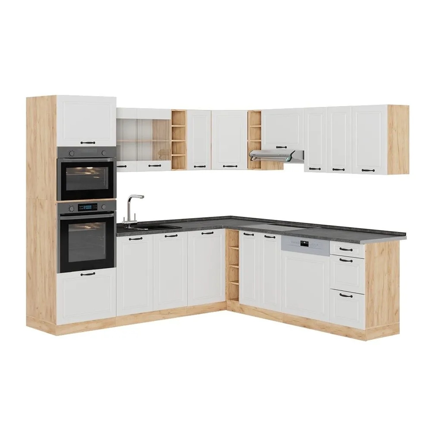 Vicco Eckküche R-Line Weiß Landhaus/Goldkraft Eiche 247 x 82, AP Anthrazit