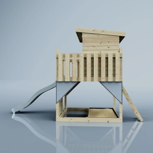 PolarPlay Stelzenhaus Polarstern Eisblau mit Rutsche und Sandkasten aus unbehandeltem Holz.