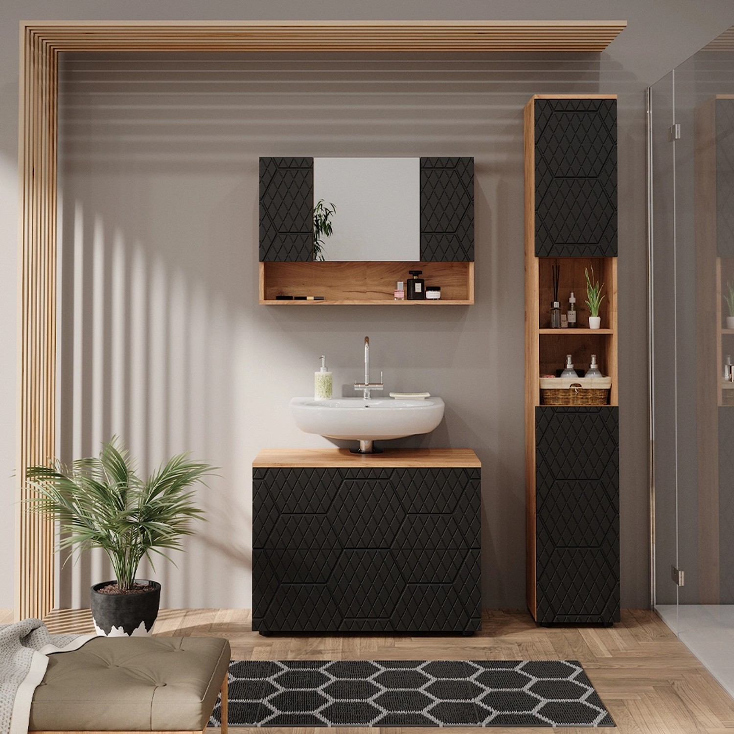 Vicco Badmöbel-Set Irma, 3-teilig in Eiche Goldkraft/Anthrazit mit Spiegelschrank (80 cm).