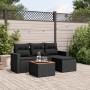 Schwarze 5-tlg. vidaXL Garten-Sofagarnitur aus Poly Rattan mit Kissen und Akazientisch.