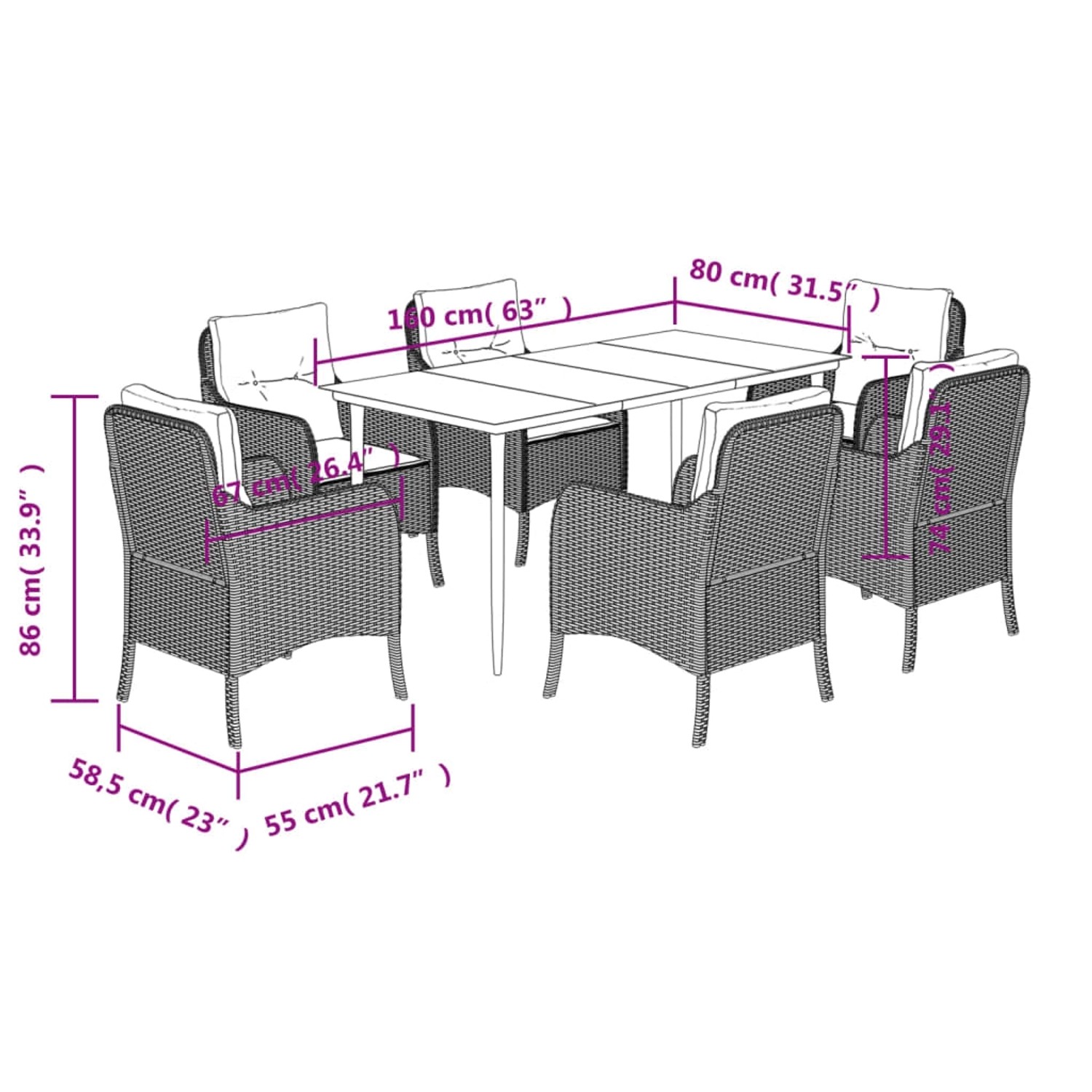vidaXL 7-tlg. Garten-Essgruppe mit Kissen, beige Poly Rattan, mit Maßen. Ideal für Garten und Terrasse.