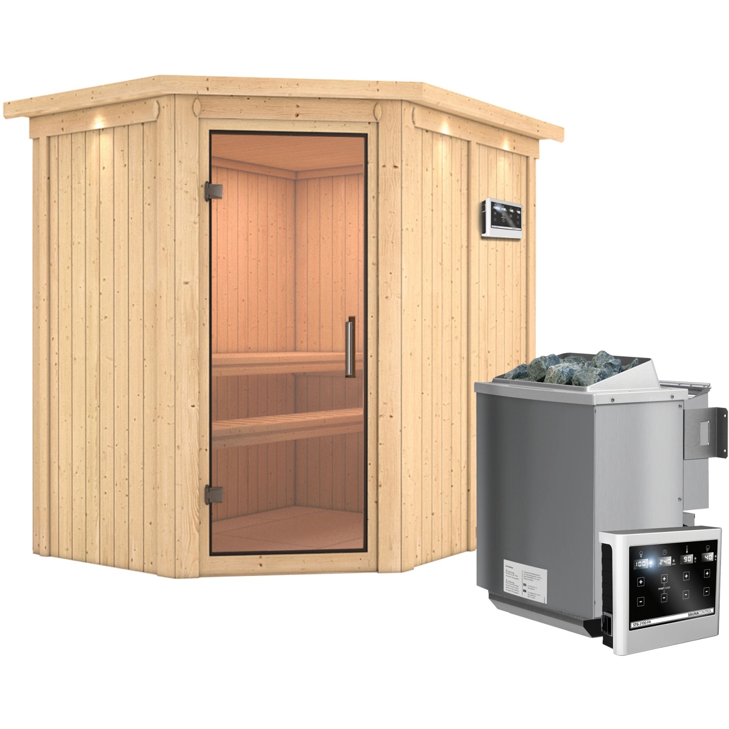 Karibu Sauna Cleo, Bio-Ofen, externe Steuerung Easy, Glastür, LED-Dachkranz