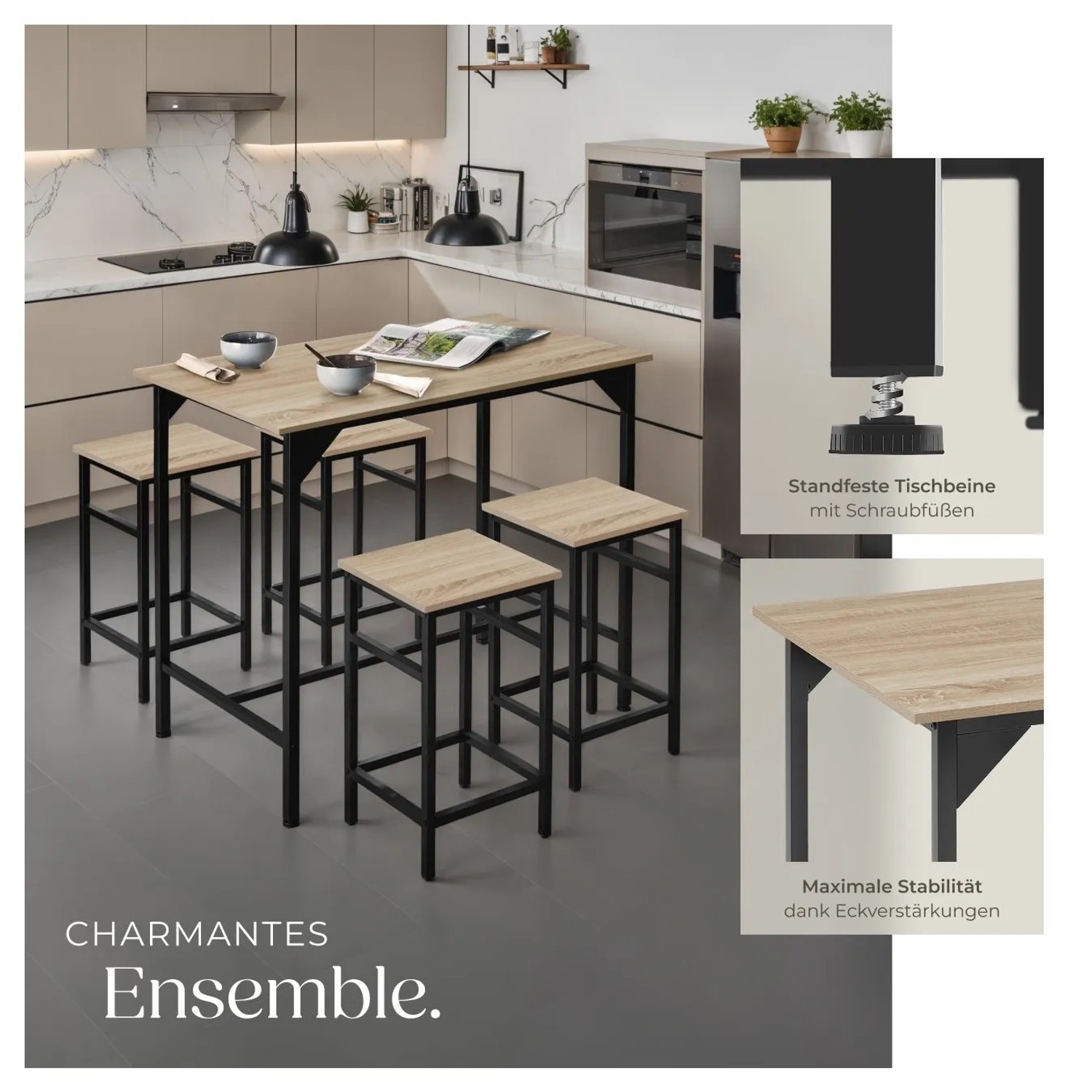 Tectake Bartisch-Set Edinburgh, 5-teilig, Tisch mit 4 Hockern, Industrial-Look, Holz hell Eiche Sonoma
