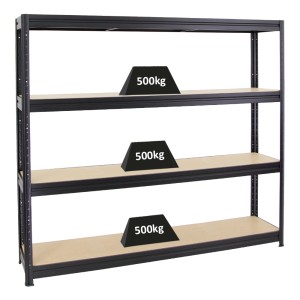 Schwarzes PROREGAL Schwerlastregal Dino mit vier Böden, belastet mit je 500 kg.
