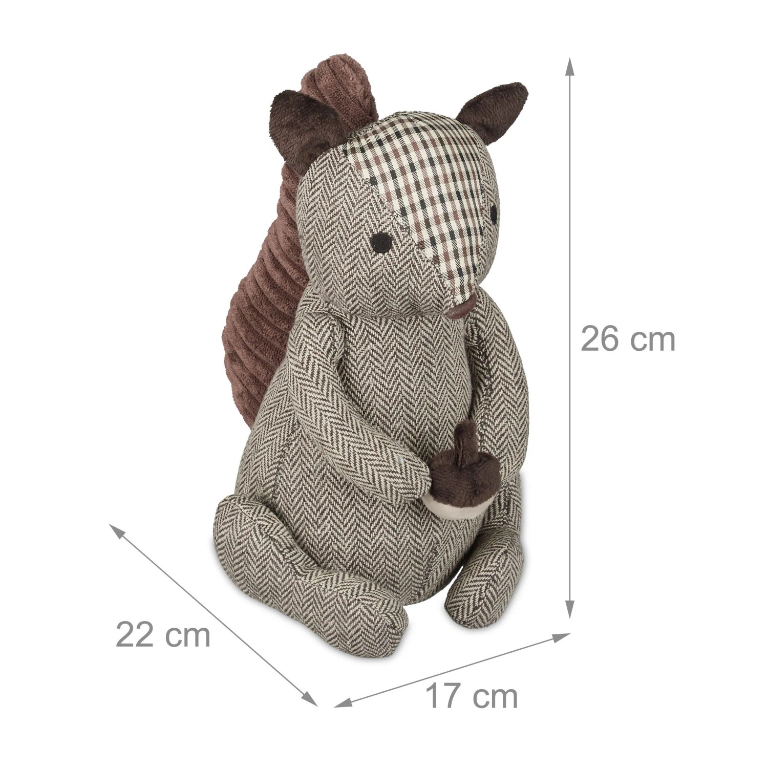 Brauner Türstopper in Eichhörnchenform aus Stoff mit Fischgrätmuster, hält Türen offen. 26 cm hoch.