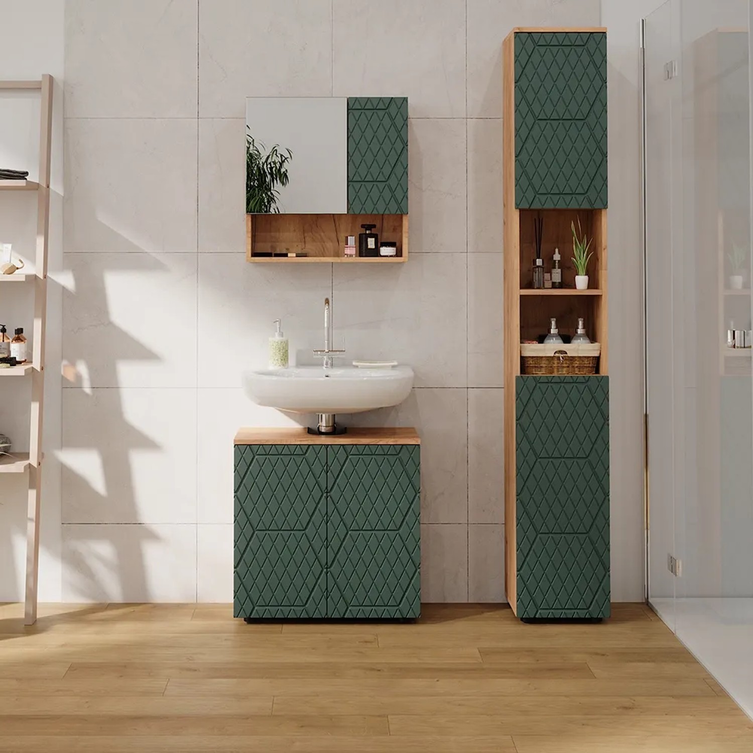 Vicco Waschbeckenunterschrank Irma, Eiche/Grün, mit passendem Spiegelschrank und Hochschrank.