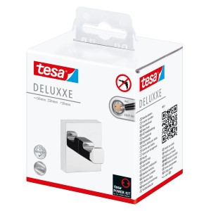 Verpackung des Tesa Handtuchhaken Deluxxe Chrom, ein glänzender, moderner Handtuchhalter zur Wandmontage.