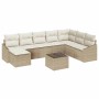 9-teilige Garten-Sofagarnitur aus braunem Rattan mit beigen Kissen und Tisch.