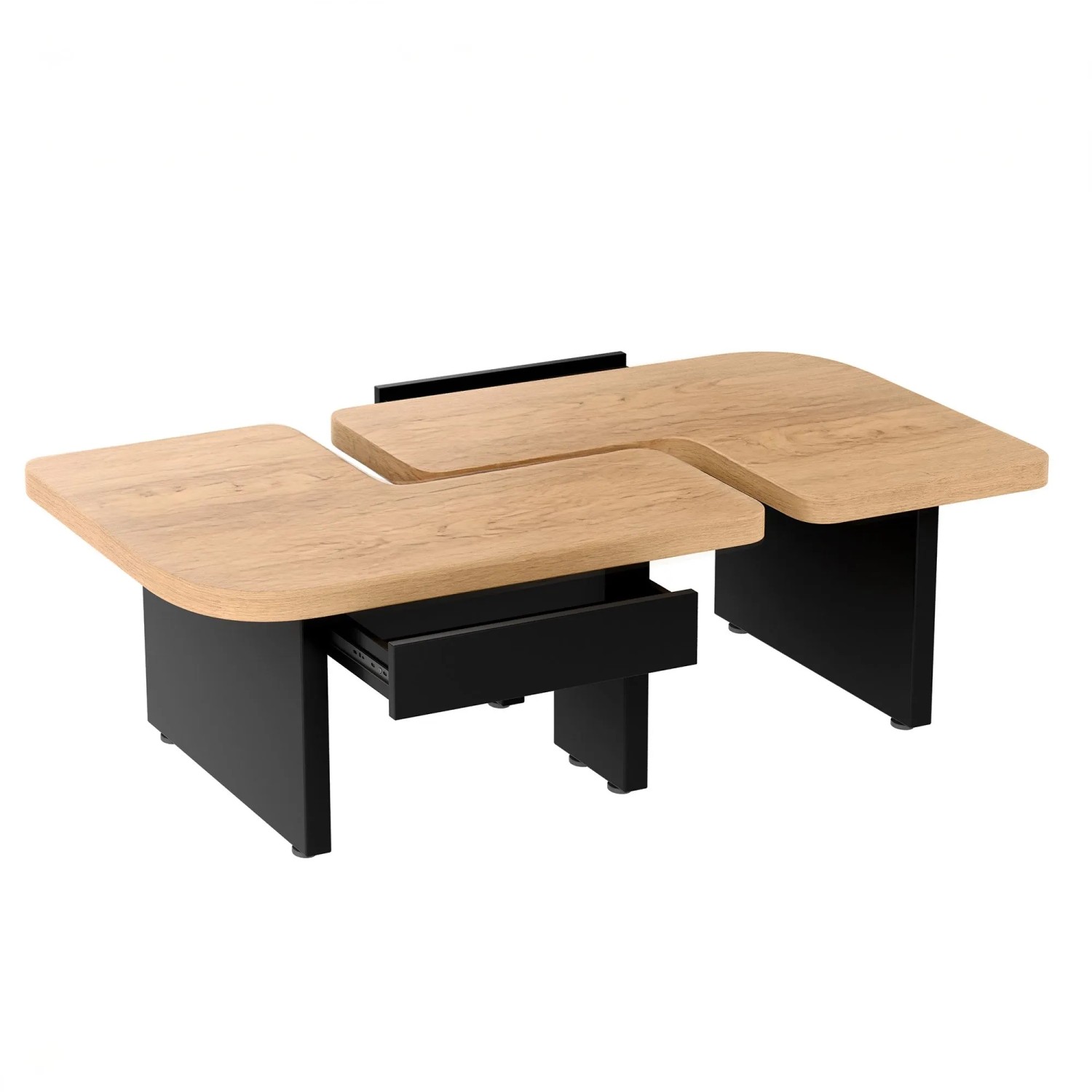 okwish Couchtisch mit LED Höhenverstellbare Füße und 2 Schubladen 135 × 60 cm Natur