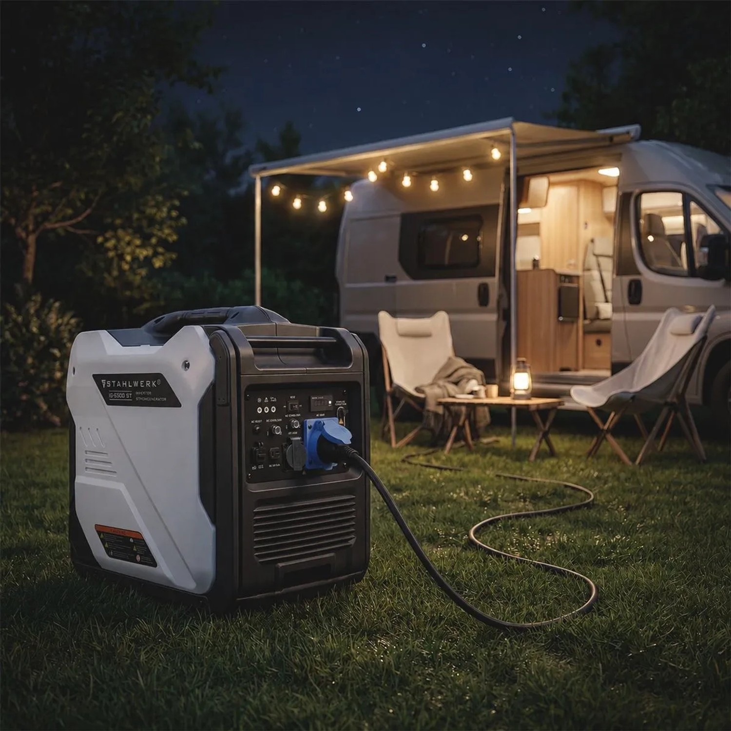 Leistungsstarker STAHLWERK Stromgenerator IG 5500 ST versorgt Camper mit Licht beim Camping in der Nacht.