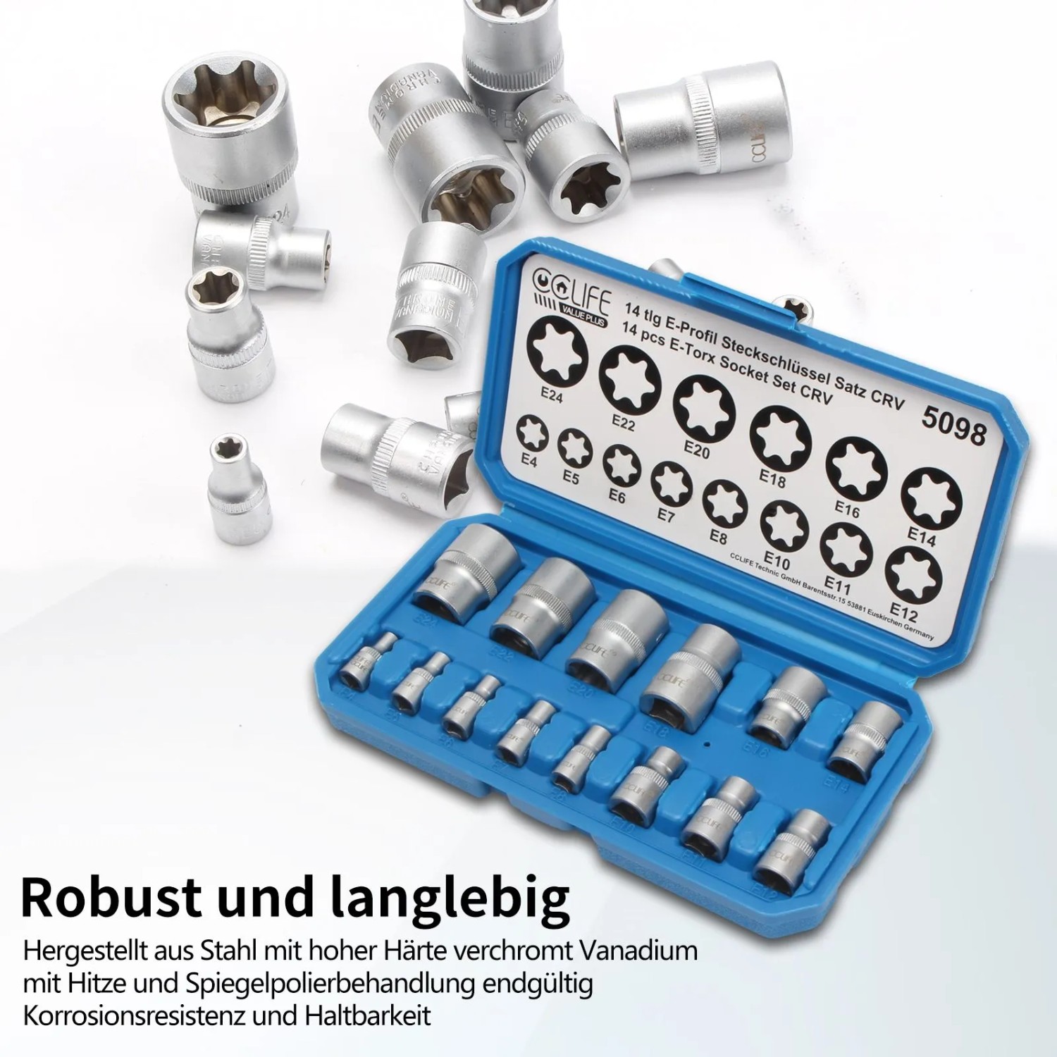 14-teiliges CCLIFE Torx Nuss Set E4-E24 aus Chrom-Vanadiumstahl mit 1/4, 3/8, 1/2 Zoll Antrieb in blauer Box.