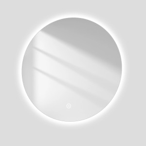 Runder, rahmenloser 50cm LED Badspiegel von Emke mit Touchschalter und kaltweißem Licht.