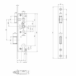Technische Zeichnung: SOTECH BKS Rohrrahmenschloss 1314 PZ SK3, Maße und Details für Einbau.