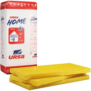 Ursa Home Trennwandplatte 60mm Glaswolle (WLG 040) im Paket und als einzelne gelbe Dämmplatten.