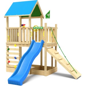Jungle Gym Spielturm Wonder mit blauer Rutsche, Kletterrampe und Planendach.