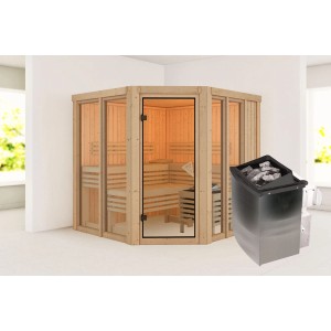 Karibu Sauna Airini mit 9 kW Ofen, naturbelassen. Massivholzsauna mit bronziertem Glas und integriertem Ofen.