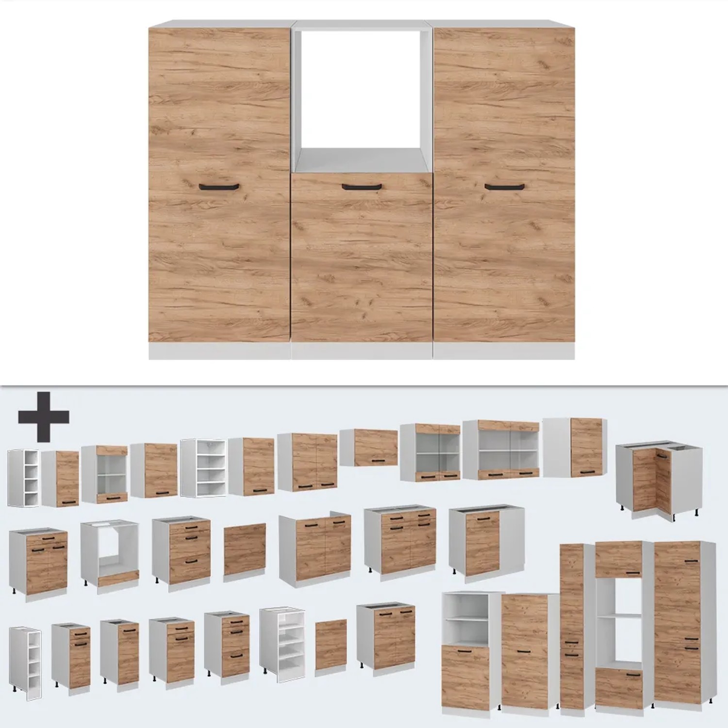 Vicco R-Line Küchenblock 180 cm in Goldkraft Eiche/Weiß, erweiterbar. Küchenzeile ohne Arbeitsplatte.