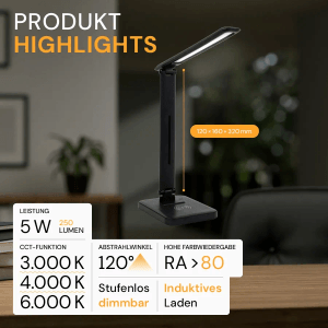 Schwarze LED Schreibtischleuchte mit induktiver Ladestation und einstellbarer Lichtfarbe.