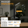 Schwarze LED Schreibtischleuchte mit induktiver Ladestation und einstellbarer Lichtfarbe.