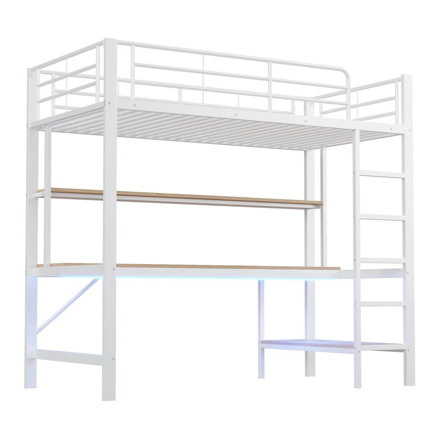 okwish Hochbett 90x200cm mit Schreibtisch und LED Leuchten Weiß ohne Matratze
