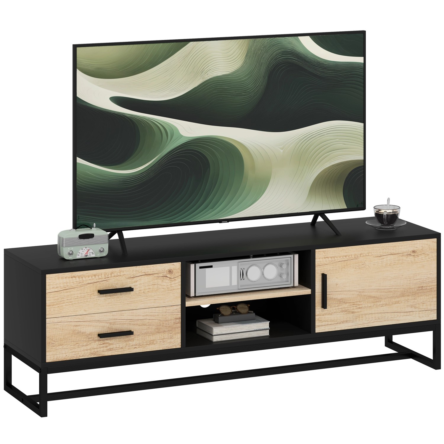 HOMCOM TV Schrank TV Board mit Schrankfach Schubladen 2 Offenen Fächern Schwarz