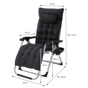 Schwarze, klappbare Hauki Sonnenliege mit Polster, Getränkehalter und verstellbarer Rückenlehne.
