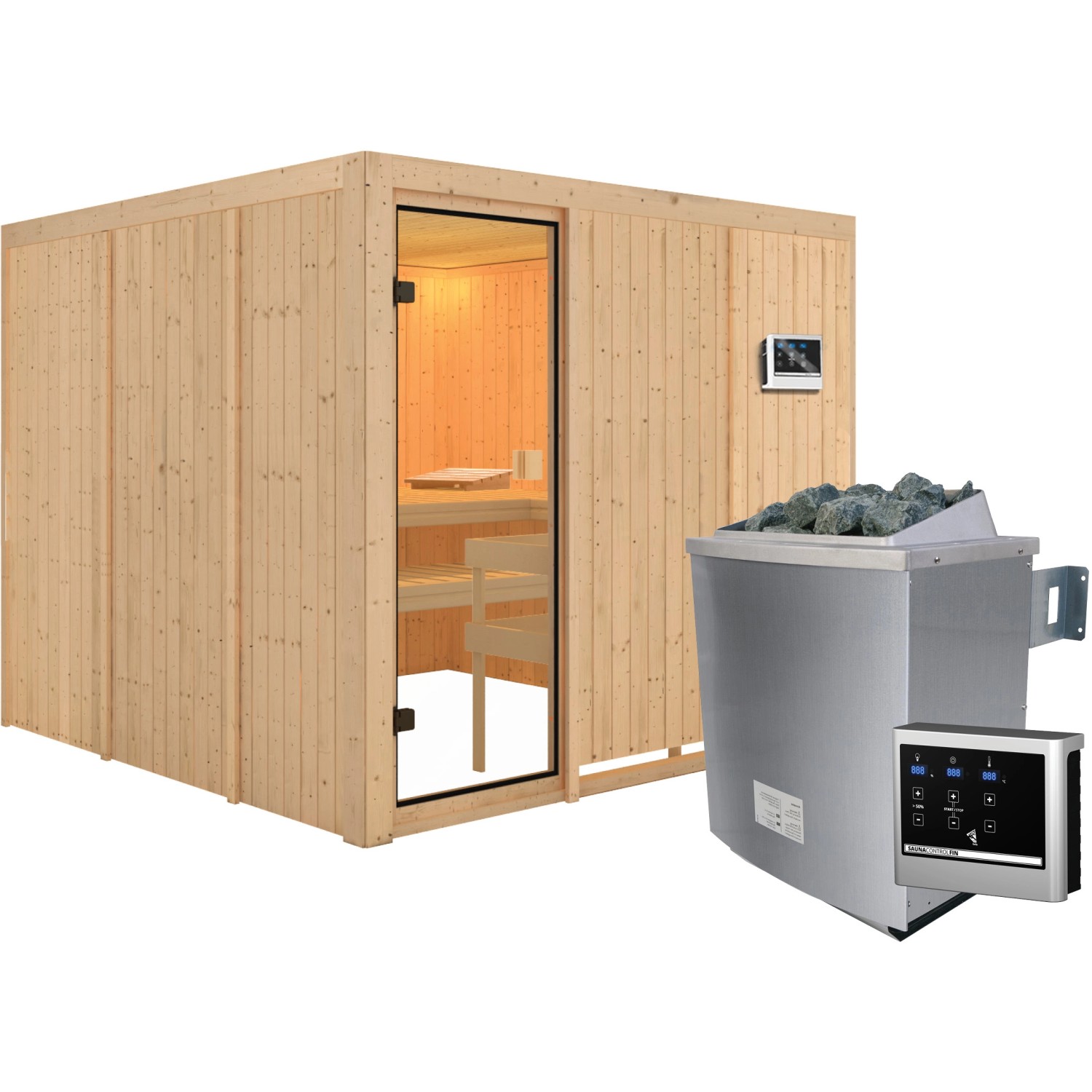 Karibu Sauna Arvika inkl. 9 kW Ofen mit ext. Strg., Glastür Bronziert