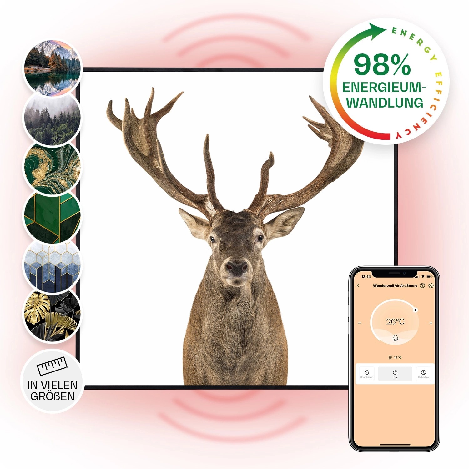 Klarstein Wonderwall Air Art Smart Infrarotheizung Wandinstallation App-Steuerung Motiv Hirsch 60x60 cm 350 W Schwarz