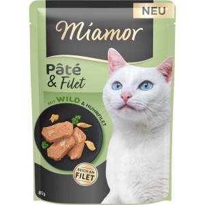 Miamor Katzen-Nassfutter Pate & Filet Wild, 85g Packung mit Katze. Nassfutter für Katzen mit Wild.