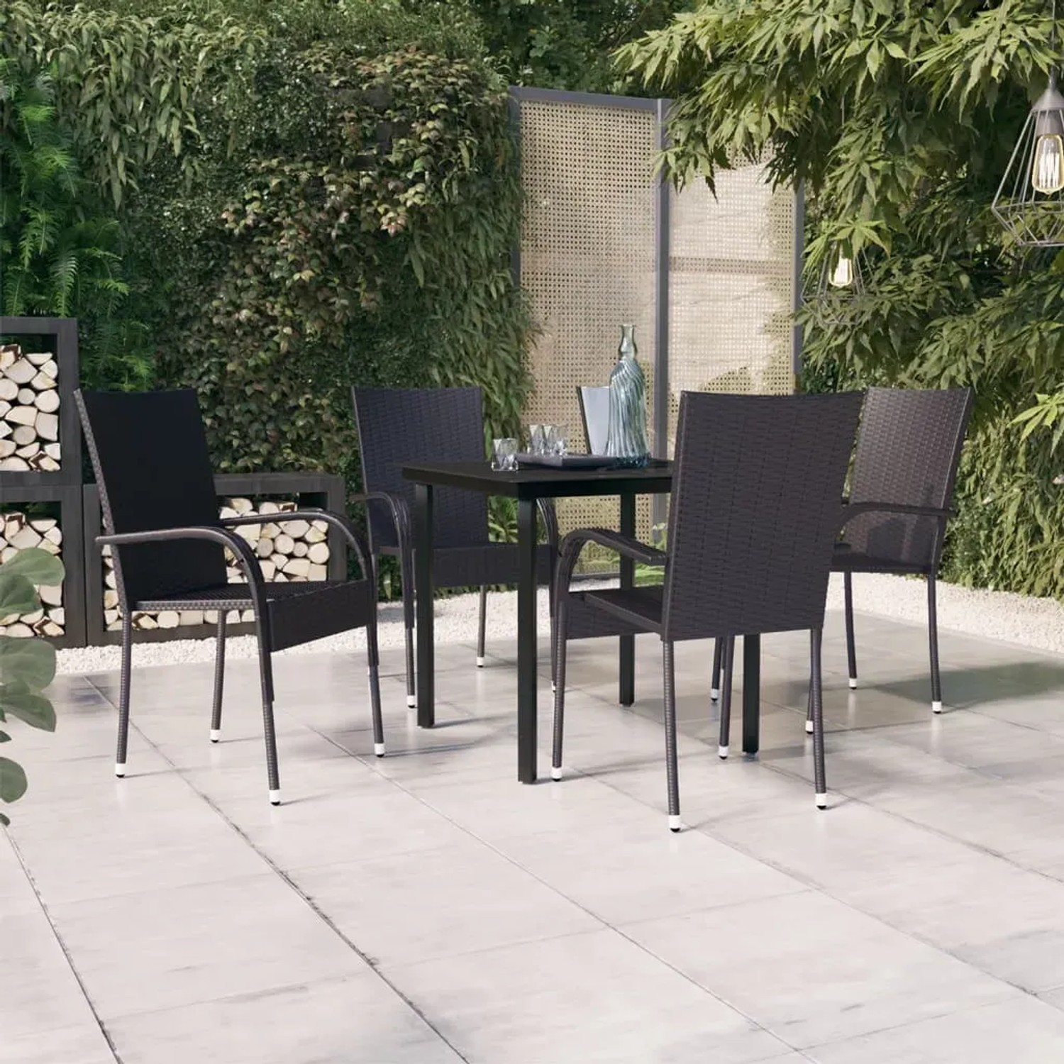 Schwarze 5-tlg. Garten-Essgruppe aus Rattan und Stahl von vidaXL.