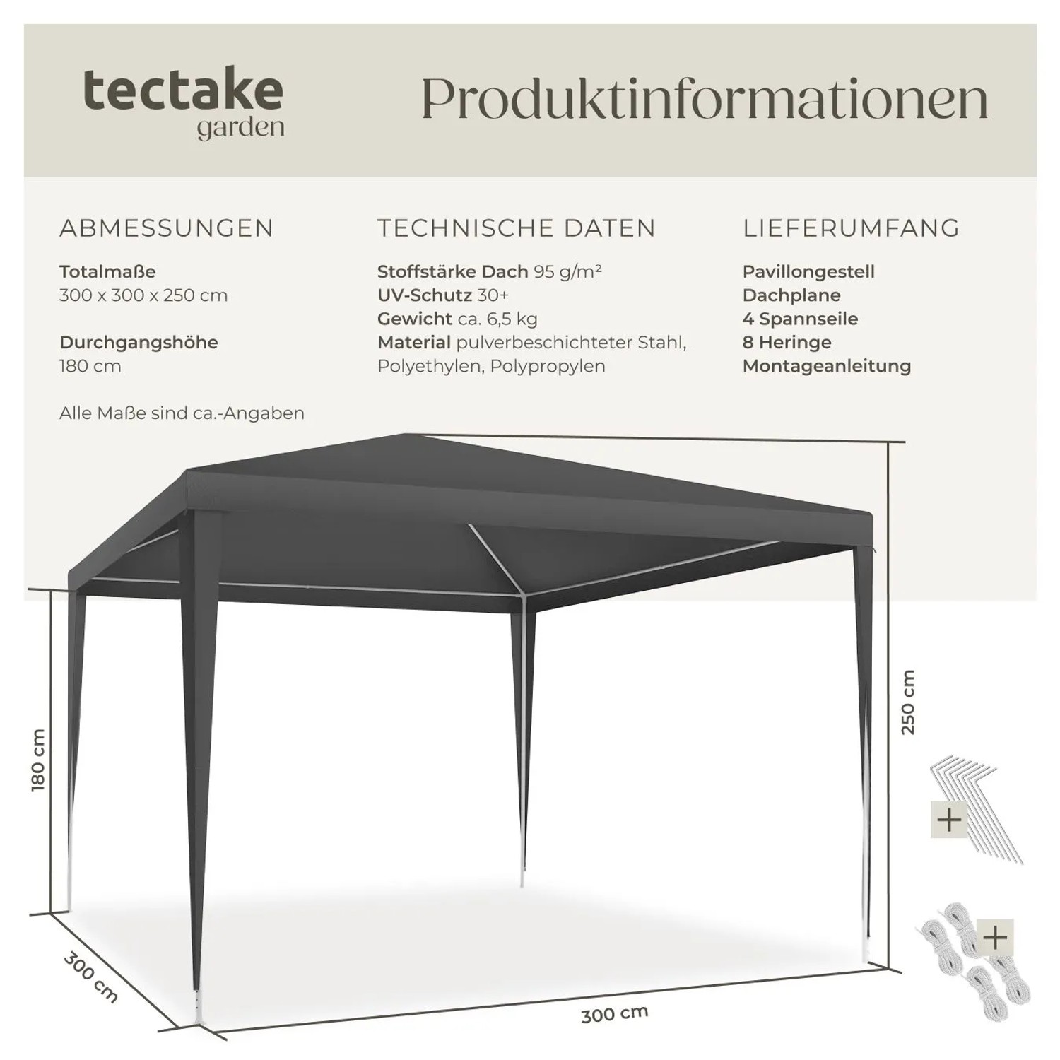 Tectake Pavillon Farah 3 x 3 M Im Stecksystem  300 x 300 x 250 cm Grau_6