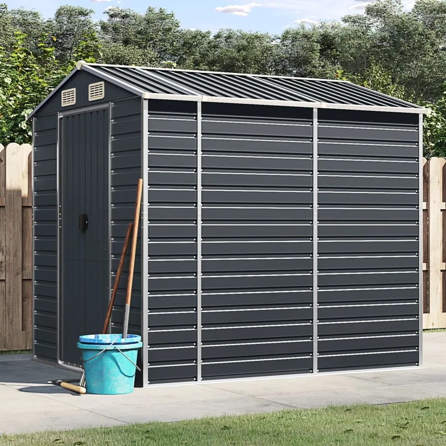 Anthrazitfarbenes vidaXL Gerätehaus aus verzinktem Stahl, 191x215x198 cm.