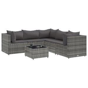 Graues 6-tlg. vidaXL Garten-Lounge-Set aus Polyrattan mit Kissen und Tisch.