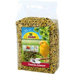 JR Farm Kanarien-Schmaus 1 kg, Kanarienfutter im transparenten Beutel.