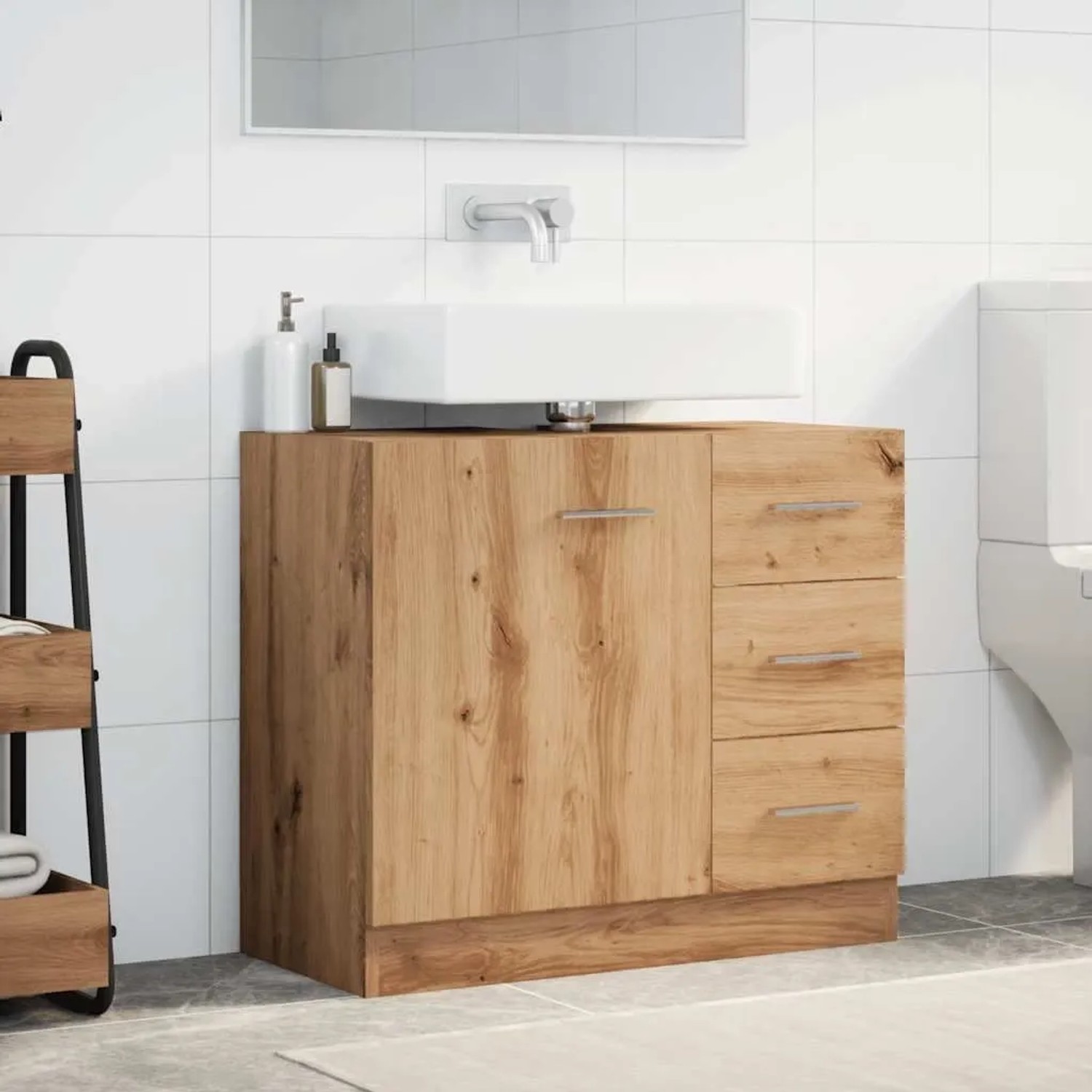 Waschbeckenschrank Artisan-Eiche aus Holzwerkstoff mit Tür, 3 Schubladen und weißem Waschbecken.
