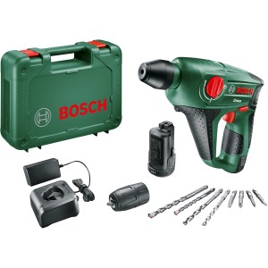 Bosch Uneo 12V Bohrhammer Set mit Akkus, Ladegerät, Bohrer und Koffer.