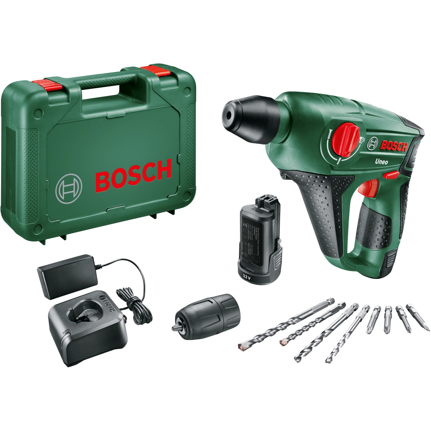 Bosch Uneo 12V Bohrhammer Set mit Akkus, Ladegerät, Bohrer und Koffer.