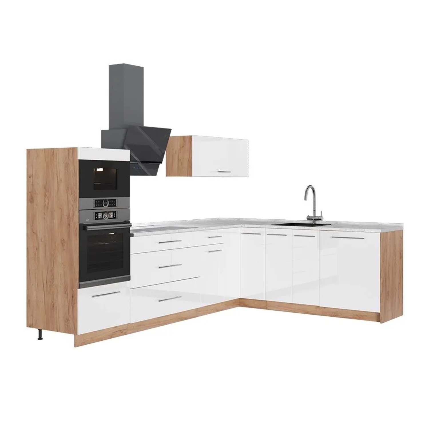 Vicco Eckküche Fame-Line Weiß Hochglanz/Goldkraft Eiche 287 x 154 AP Marmor Art Nr 63515