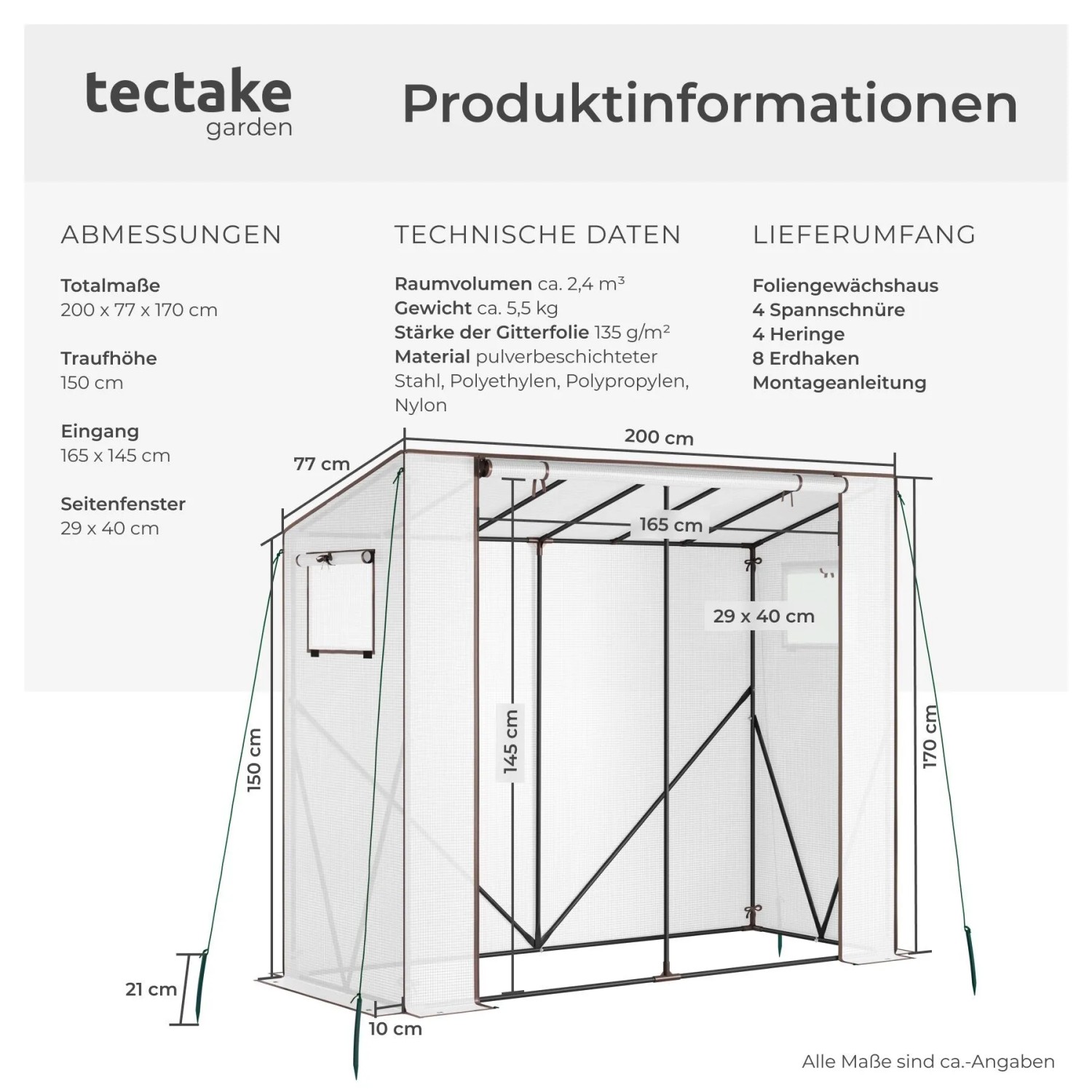 Tectake Foliengewächshaus Anton, transparent, 200x77x170 cm. Aufbau, Rolltür, Fenster und technische Daten des wetterfesten Gewächshauses.