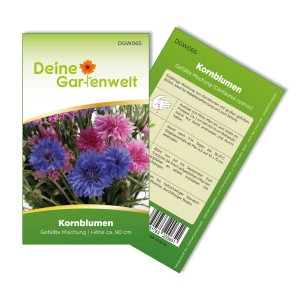 Samentüte Deiner Gartenwelt Kornblumen, gefüllte Mischung mit blauen und pinken Blüten.